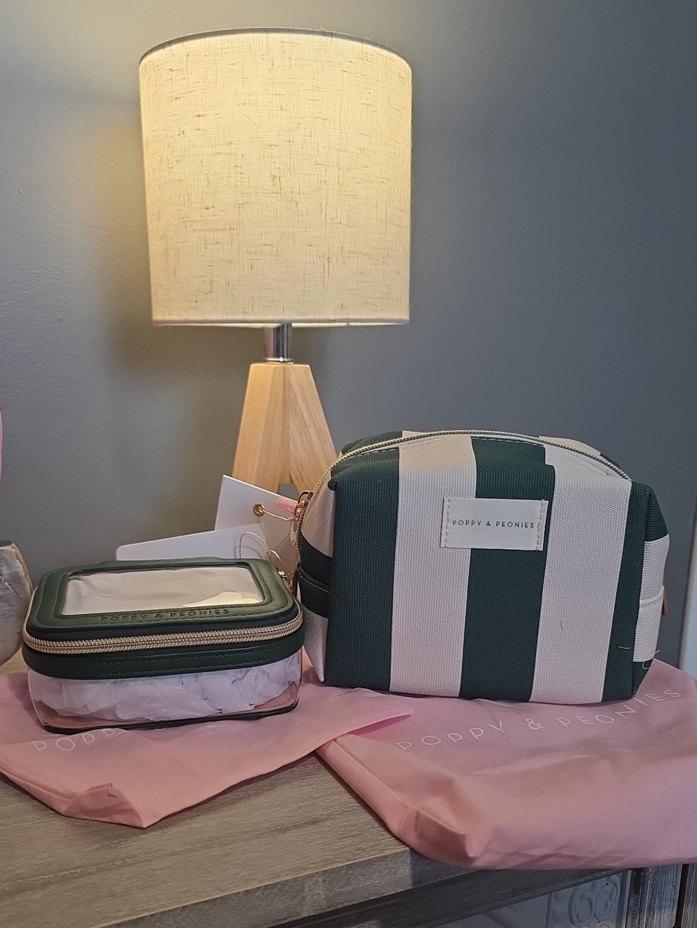 SET OF 2 Green & Cream Stripe Cosmetic Pouch  | Plus Mini I See You Case Set